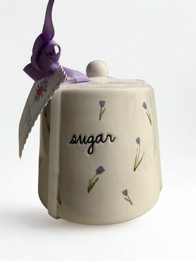Rae Dunn Cream Sugar Jar with Purple Floral Accents